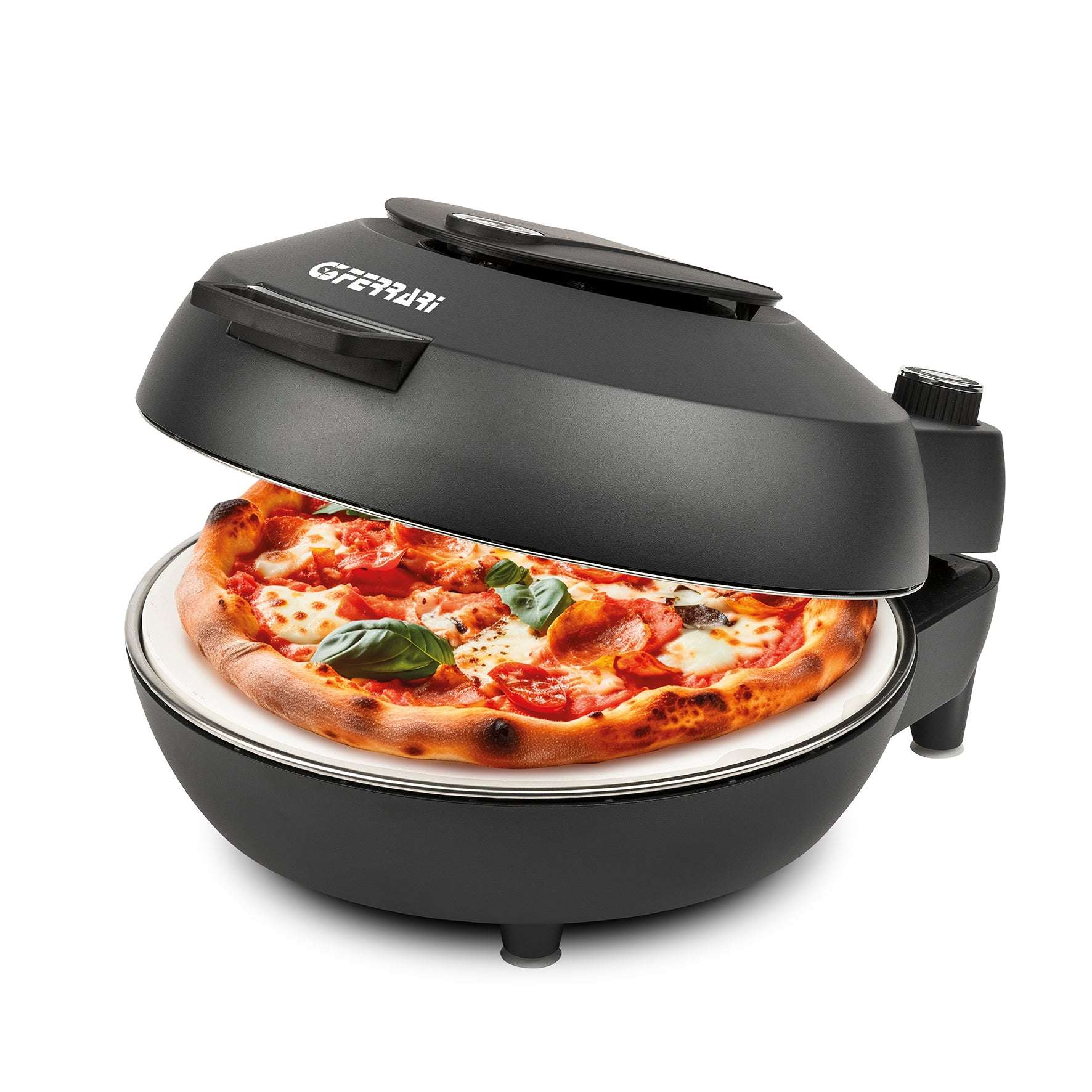 a black pizza oven with pizza inside